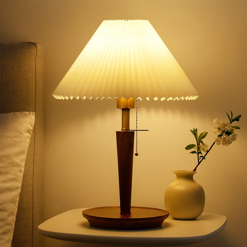 Vintage Pleated Wood Table Lamp with Shade