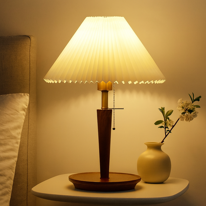 Vintage Pleated Wood Table Lamp with Shade
