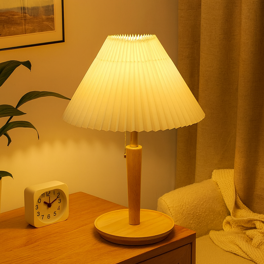 Vintage Pleated Wood Table Lamp with Shade