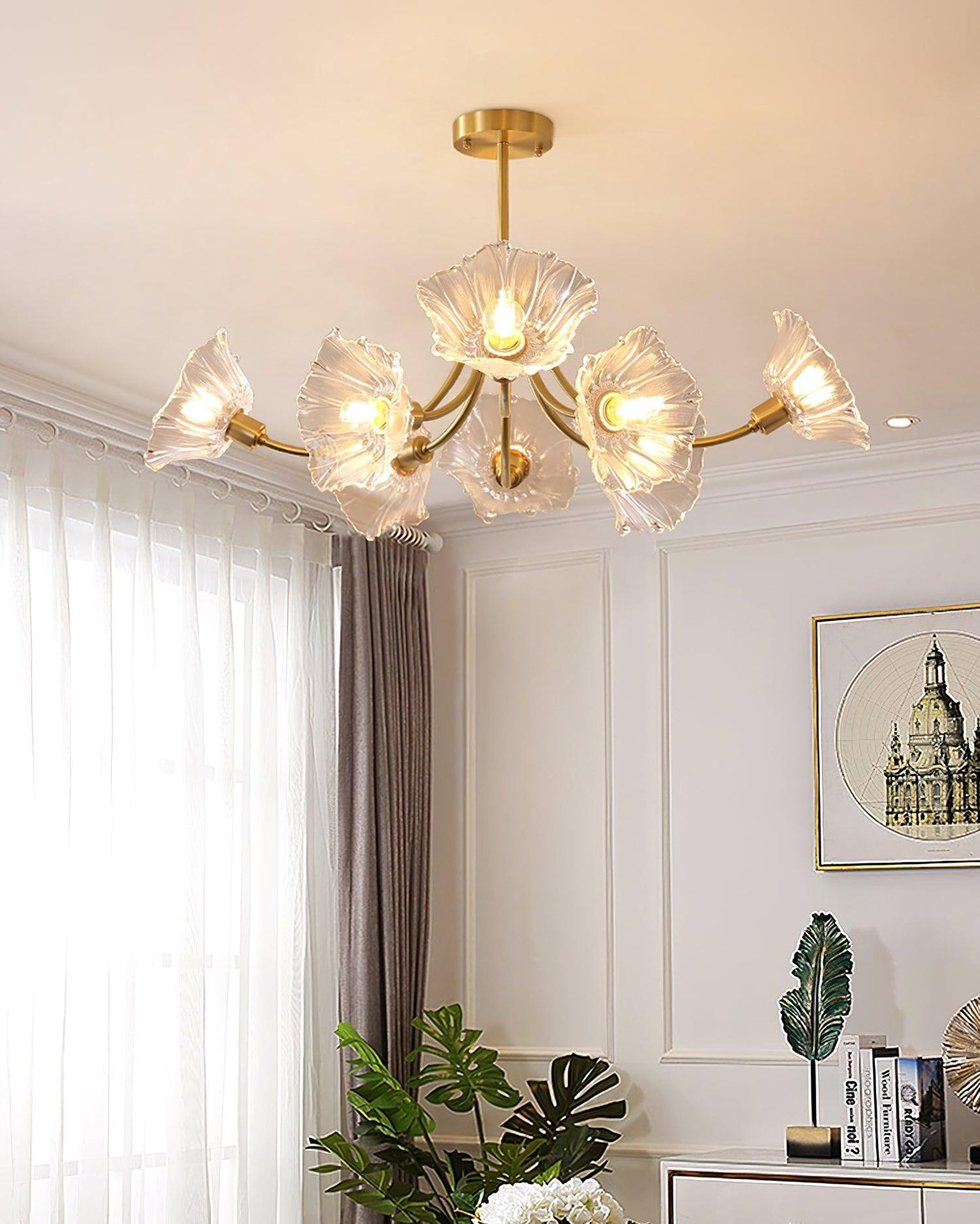 Flower Glass Brass Chandelier Ceiling Light