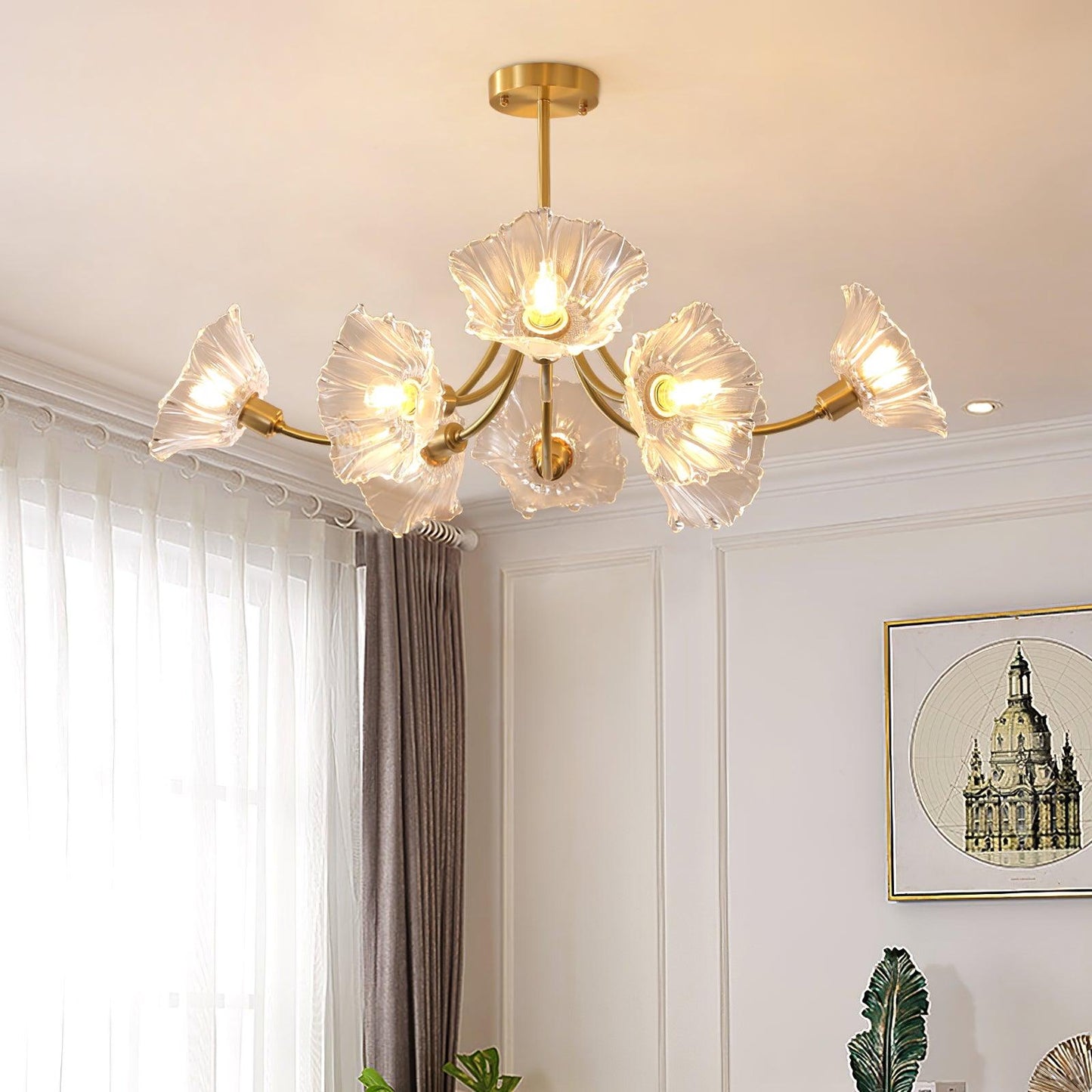 Flower Glass Brass Chandelier Ceiling Light
