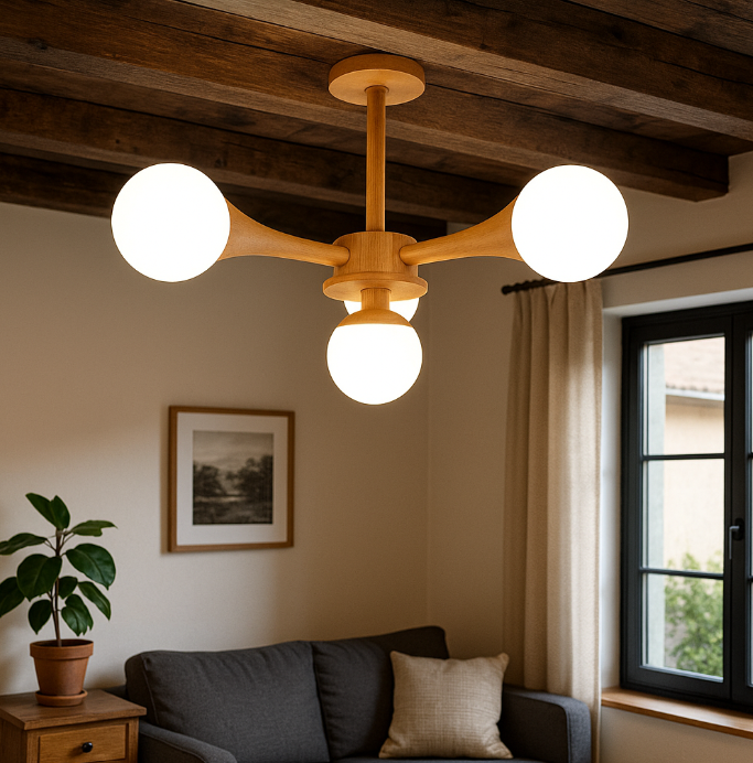 Wood and Glass LED Chandelier Ceiling Light