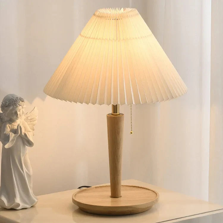 Vintage Pleated Wood Table Lamp with Shade
