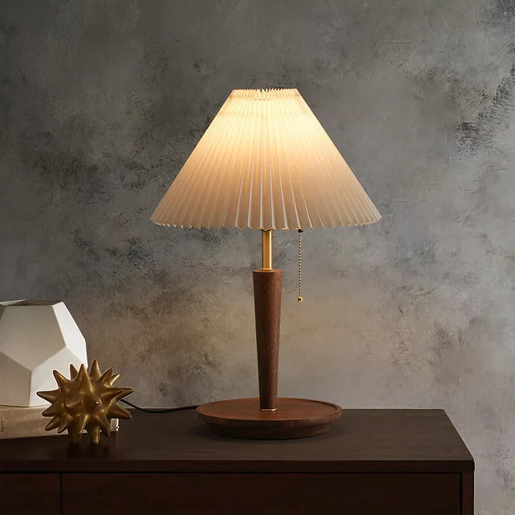Vintage Pleated Wood Table Lamp with Shade