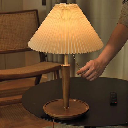 Vintage Pleated Wood Table Lamp with Shade