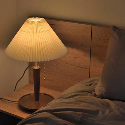 Vintage Pleated Wood Table Lamp with Shade