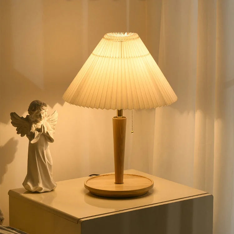 Vintage Pleated Wood Table Lamp with Shade