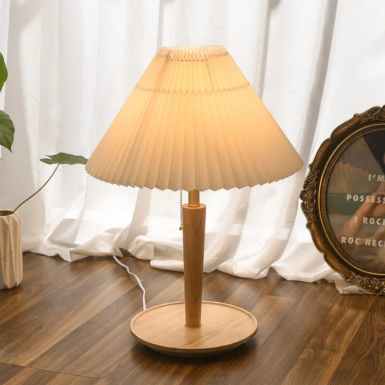 Vintage Pleated Wood Table Lamp with Shade