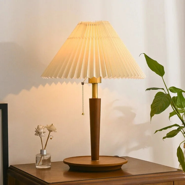 Vintage Pleated Wood Table Lamp with Shade