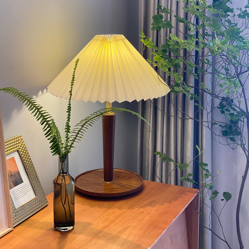 Vintage Pleated Wood Table Lamp with Shade