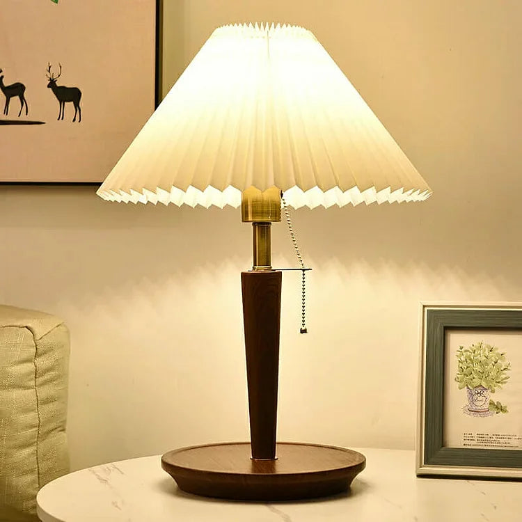 Vintage Pleated Wood Table Lamp with Shade