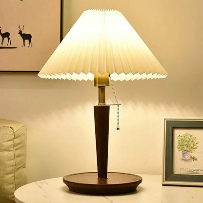 Vintage Pleated Wood Table Lamp with Shade