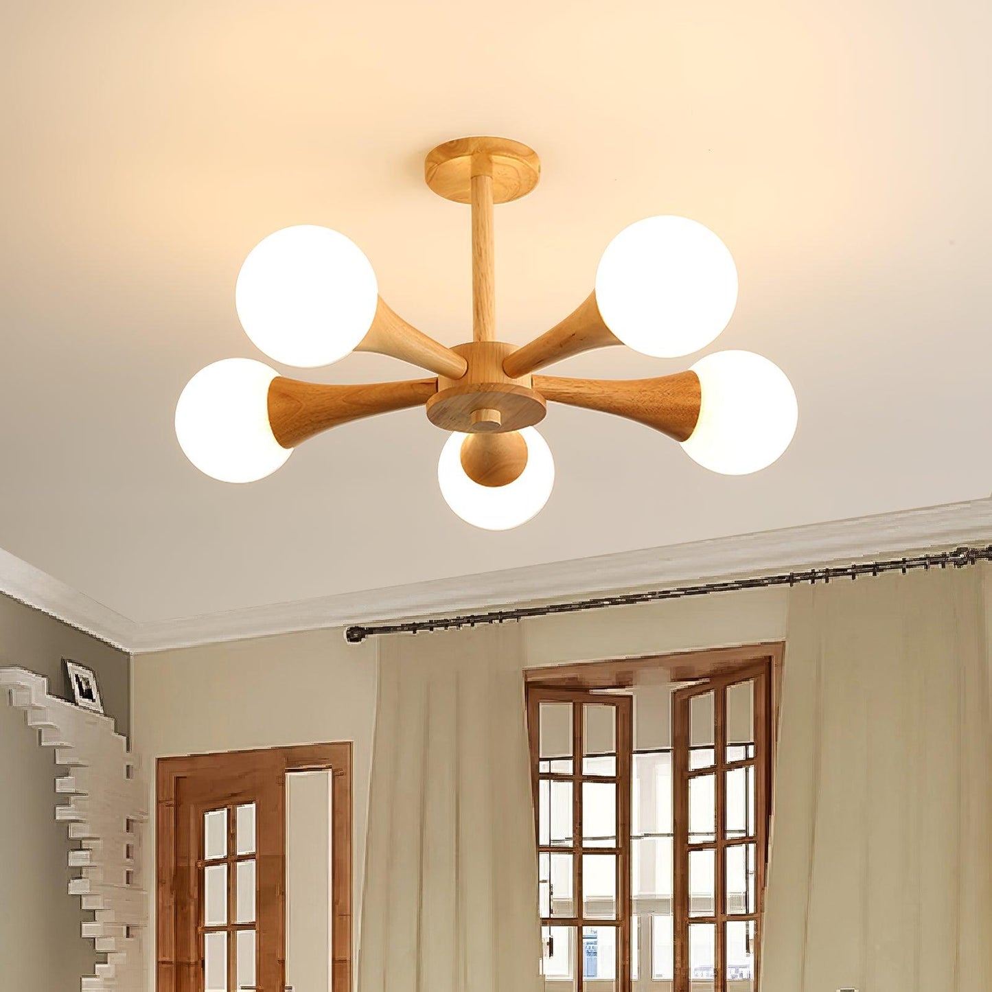 Wood and Glass LED Chandelier Ceiling Light