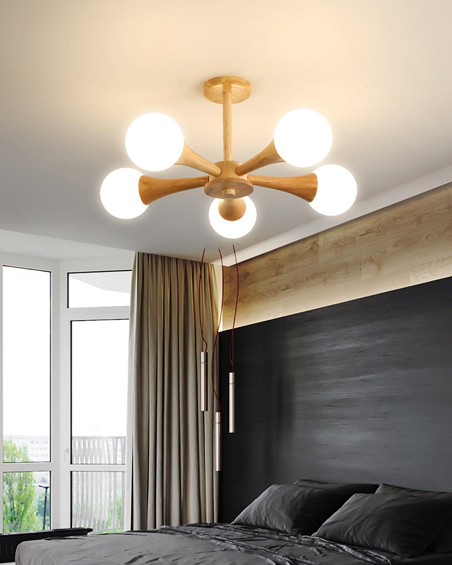 Wood and Glass LED Chandelier Ceiling Light